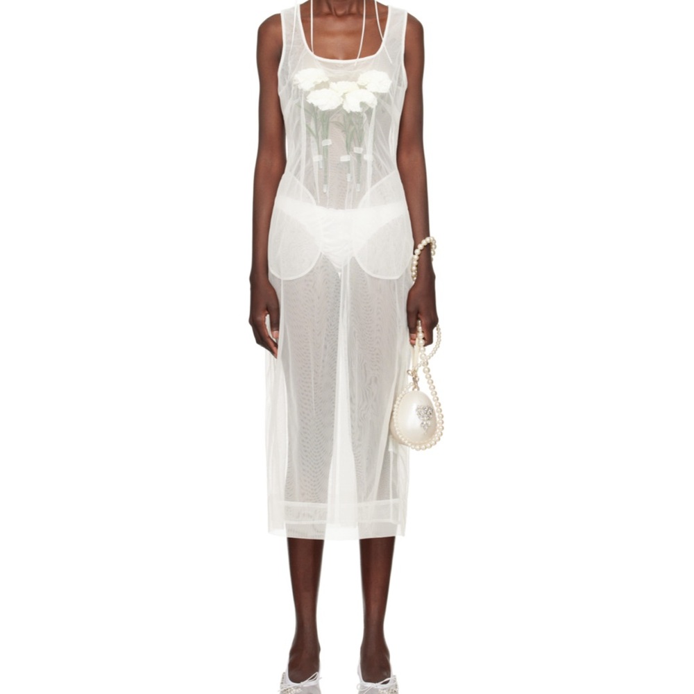 Simone Rocha White Sheer Floral Embellished Midi Dress